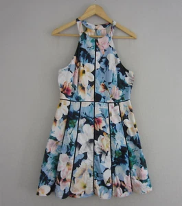 Portmans Dress Womens 14 Blue Black Floral Fit Flared Pleated Party Event Work - Picture 1 of 19