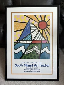 Vtg SailBoat South Miami Romero Britto Art Fest Print Colorful Poster 37" Framed - Picture 1 of 16