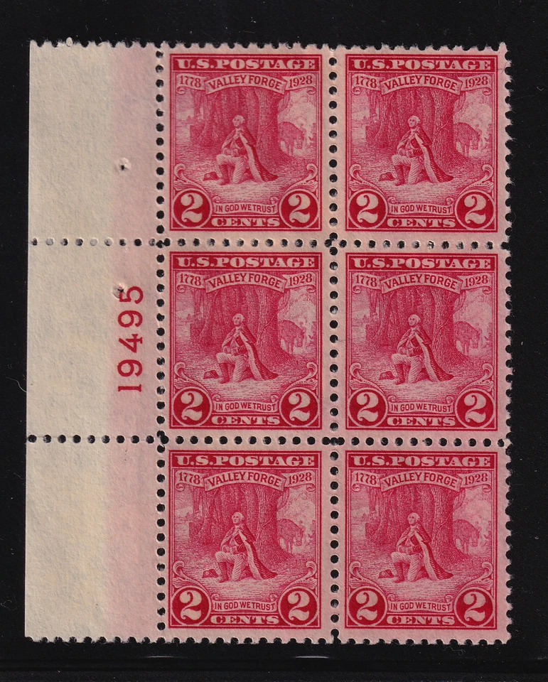 1928 Sc 645 Valley Forge 2c carmine MLH original gum, flat plate block of 6 (K4 - Image 1 of 1