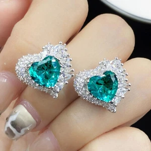 New Holiday Party Women Girl Jewelry Heart Green Citrine Topaz Gems Stud Earring - Picture 1 of 6