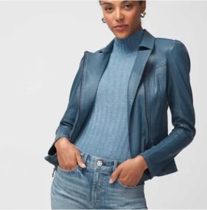 NWT Womens WHBM Coated Denim Peplum Jacket Blue True Indigo Size 12 Zip Up Moto - Picture 1 of 12