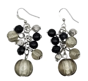 Vintage Dangle Hook Earrings Black Gray Sliver Metal Beads - Picture 1 of 5