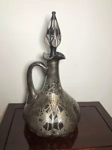 Alvin Fine Sterling Overlay Cut Glass Decanter 10.5” Tall Art Nouveau - Picture 1 of 18