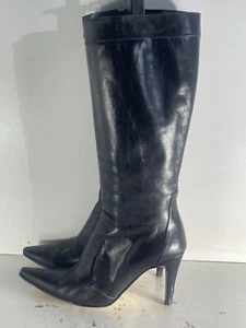 Ladies Boots Size 2.5(35) Used Black Leather Side Zip Up Knee High Boots -A10 - Picture 1 of 8