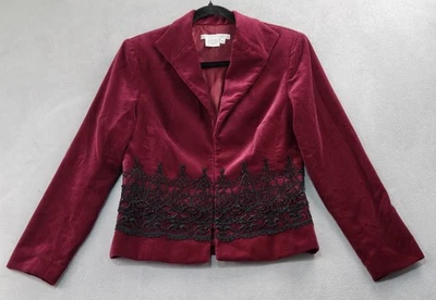 Maggy London Blazer Jacket Womens 8 Burgundy Velvet Lace Trim Hook Eye Evening - Изображение 1 из 4