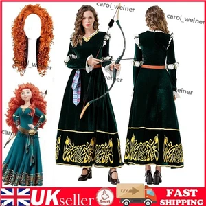 Adults Women Brave Merida Fancy Party Velvet Dress Wig Cosplay Costume S-2XL UK - Picture 1 of 22