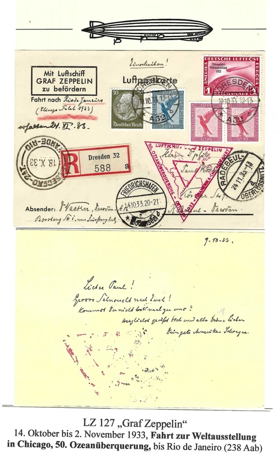 LZ 127, Chicagofahrt 14. Okt.-2. Nov. 1933 R-Karte bis Rio 18.10.  Si. 238 Aab - Bild 1 von 1