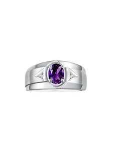 RYLOS Men's 7X5MM Gemstone & Diamond Ring in Sterling Silver, Sizes 8-13 - Picture 1 of 29