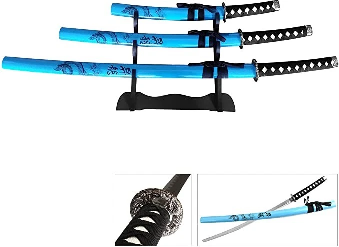 Juego de 3 Espadas Tácticas Japonesas Katana Ninja Samurai Dragón Azul Dos Tonos Foto 1 de 1