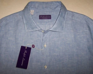 NWT Ralph Lauren PURPLE LABEL Blue/White LINEN Shirt Men's 17.5 MADE IN ITALY - Picture 1 of 5