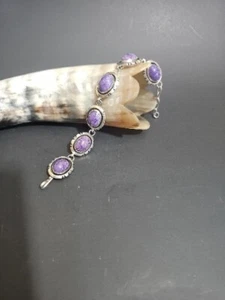 Vtg Navajo Shadow Box IRV Sterling Concho Link Bracelet Purple Charoite - Picture 1 of 13