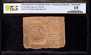 SEPTEMBER 26 1778 $50 CONTINENTAL CURRENCY CTFT NOTE CC-85CT PCGS B CHOICE F 15 - Picture 1 of 4