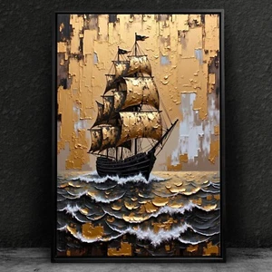 ✅ Golden Piratenschiff, Kunst Wandbild, Acrylglas, Leinwand oder Poster Art - Bild 1 von 9