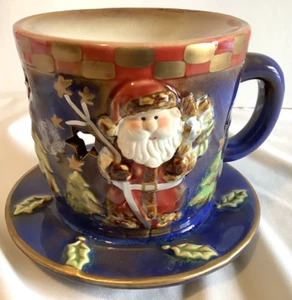 Platillo para copa de Navidad portavelas té ligero vacaciones Santa Claus cerámica - Imagen 1 de 5