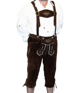 Brown Leather Lederhosen Short Pants German Oktoberfest Bundhosen M L XL 2XL 3XL - Picture 1 of 6