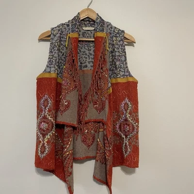 Soft Surroundings S/M Wool Vest Fringe Embroidered Open Front Boho Festival - Image 1 of 4