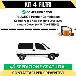 Kit 4 Filtri Tagliando per PEUGEOT Partner Combispace 1.6 HDi 75 55 kw Diesel... - Imagen 1 de 2
