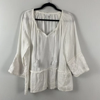 J Jill Love Linen Popover Blouse Size Petite Large White Tassel Embroidered - Image 1 of 4