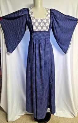 Maxi Vestido Vintage 5 Azul Blanco Punto Encaje Yugo Manga Ángel Pradera Festival Boho Foto 1 de 4