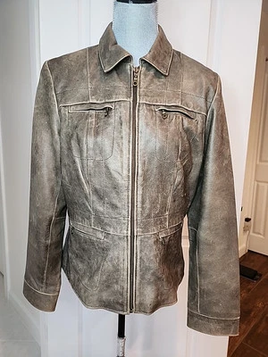 Alfani Leather “Distressed” Jacket Biker Moto Size L Zippers Pockets Fitted - Image 1 of 4