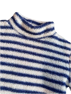 Boden Girls Fuzzy Striped Pullover Sweater Blue White Cozy Sherpa Top Size 8-9Y - Image 1 of 4