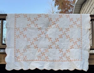 Vintage 70” Square Hand Made Quilt Worn Cotton Throw Or Bedcover, Peach & White - Picture 1 of 14