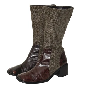 Botas de mujer de colección años 90 9M cuero marrón en relieve cocodrilo tweed cuadradas retro dinero antiguo - Imagen 1 de 15
