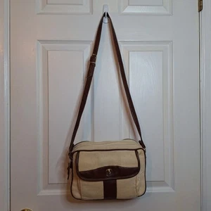 Vintage 80s White Canvas Brown Faux Leather Turnlock Crossbody Bag Coastal Boho - Picture 1 of 14