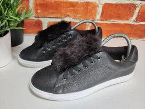 HEAD OVER HEELS BY DUNE TRAINERS UK 7 EDNA BLACK SHIMMER LACE UP FAUX FUR WOMENS - Picture 1 of 6