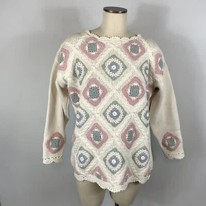 VTG 80s Exclusive Imports Crocheted Knit Sweater Granny Square Size M Ramie Cott - Picture 1 of 8