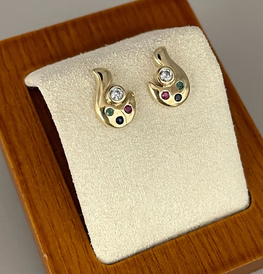 OHRSTECKER   MIT  RUBIN SMARAGD SAPHIR & ZIRKONIA  Aus 333er Gelbgold - Bild 1 von 4