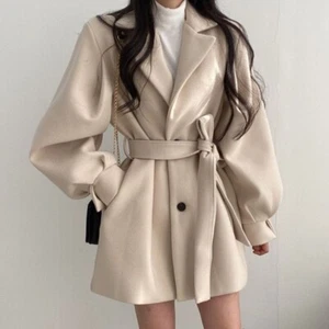 Womens Wool Blend Single Breasted Lapel Collar Belt Trench Outwear Slim Fit Coat - Picture 1 of 6