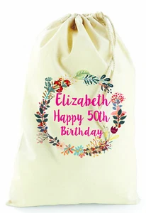 Personalised Birthday Cotton Drawstring Bag Flowers Garland Vintage design Gift - Picture 1 of 7