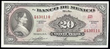 Mexico P-54l Banco de Mexico 20 Pesos BAT-Q,17.2.1965 UNC