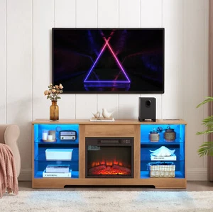 TV Stand Electric Fireplace Glass Shelves,3D Fireplace TV Stand w/LED Ligh - Picture 1 of 11