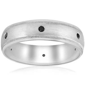 Mens White Gold Brushed Black Diamond Wedding Ring Band Heated 6MM - Picture 1 of 33