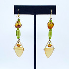 Artisan Gold Tone Yellow Green Brown Glass Bead Dangle Earrings Boho Unique 3"