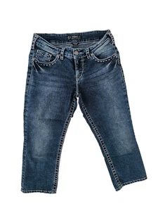 Jeans plateados para mujer Suki solapa capri denim azul lavado medio bordado talla 30 - Imagen 1 de 7