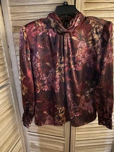 Blusa Nicola Talla 14 Multicolor Floral Satinado Cuello Simulado Manga Larga De Colección - Imagen 1 de 4
