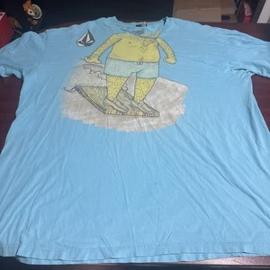 Rare Vintge Volcom Blue T Shirt Man Surfing On Piece Of Wood Pit 25.5 Length 29 - Picture 1 of 8