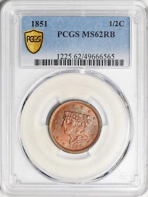 1851 Braided Hair Half Cent PCGS MS-62 RB - Image 1 of 4