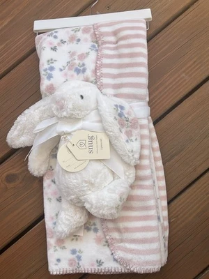 Conjunto de Cobertor de Bebê de Pelúcia Coelho Snug Listras Rosa Floral Reversível Novo - Imagem 1 de 4