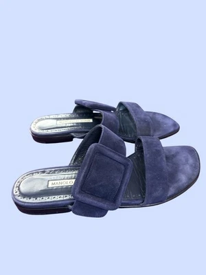 Manolo Blahnik Tituba Blue Suede Buckle Sandals Sz US 6.5 / 37 EUC Ret$935 - Image 1 of 4