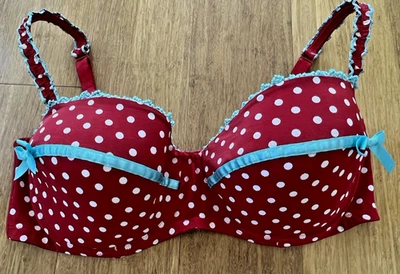 Sujetador Cacique Rojo y Blanco Lunares Borde Azulado Balconette Verde Azulado Lazo Forrado Talla 40 DD Foto 1 de 4