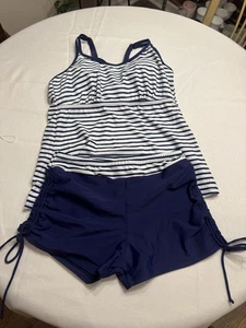 Navy & White Tankini Swimsuit Set Large~Stripe Top, Solid Bottom W/ Striped Trim - Picture 1 of 5