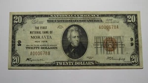 $20 1929 Moravia New York NY National Currency Bank Note Bill Ch. #99 Very Fine - Picture 1 of 3