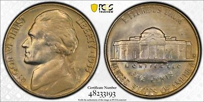 1955 D JEFFERSON NICKEL 5C PCGS MS 66 MINT UNC MINOR VARIETY OVERMINTMARK (193) - Image 1 of 4