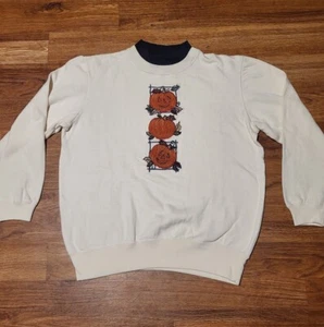 Vtg Lauren Brooke Cream Pumpkin Jack O Lantern Sweatshirt Autumn Halloween - Picture 1 of 4