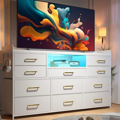 Cómoda Dormitorio Soporte TV con 11 Cajones Luces LED Estación de Carga Ganchos Grande Foto 1 de 4