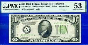 1934 $10 Federal Reserve Note PMG 53 2nd highest graded Boston star Fr 2005-A* - Picture 1 of 4